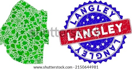 Ecology Swaziland map collage of floral leaves in green color variations and grunge bicolor Langley seal. Red and blue bicolored seal with distress style and Langley phrase.