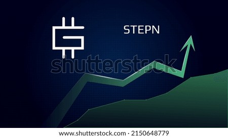 Stepn coin GMT in uptrend and price is rising. Crypto coin symbol and green up arrow. Flies to the moon. Vector illustration.