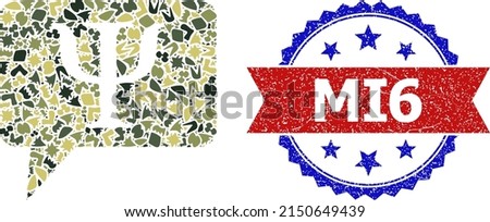 Military camouflage mosaic of suggestion cloud icon, and bicolor dirty MI6 watermark. Vector watermark with MI6 tag inside red ribbon and blue rosette, corroded bicolored style.