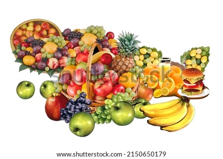 Composition with fruits in wicker basket. fruit pictures on a white background.