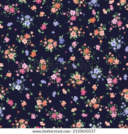 Blooming midsummer meadow seamless pattern. Plant background for fashion, wallpapers, print. A lot of different flowers on the field. Liberty style millefleurs. Trendy floral design Royalty-Free Stock Photo #2150650537