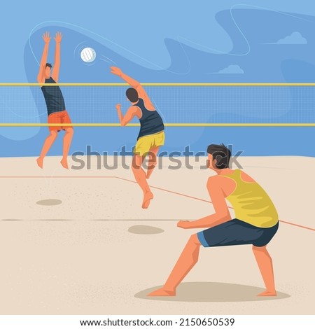 Beach volleyball men competition. Athletes playing volleyball. Sportsperson hits a ball in while jumping. Team competition vector illustration