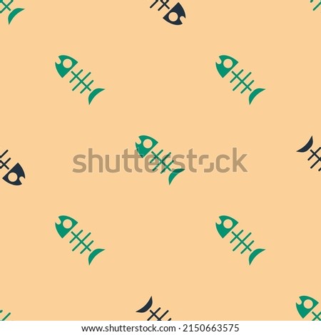 Green and black Dead fish icon isolated seamless pattern on beige background.  Vector