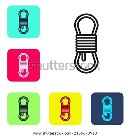 Black line Climber rope icon isolated on white background. Extreme sport. Sport equipment. Set icons in color square buttons. Vector Illustration