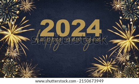 HAPPY NEW YEAR 2024 - Festive silvester New Year's Eve Party background greeting card - Golden fireworks in the dark blue night	
