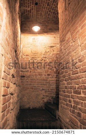 Corridor with brick walls and stairs up. The lamp shines in a corridor with brick walls. Staircase and brick walls. Old grunge vintage Basement interior with bricks walls and floor.