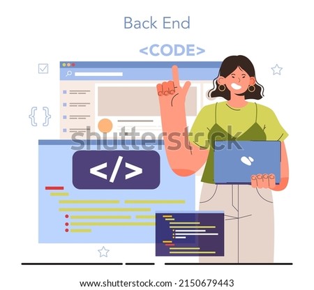 Diverse women in AI and STEM concept. Female back end developer. Website architecture improvement. Programming and coding. IT profession. Isolated flat vector illustration