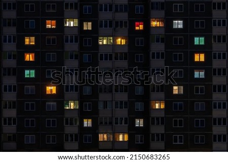 flat night panorama of multicolor heart light in windows of multistory buildings as concept for a couple in love Royalty-Free Stock Photo #2150683265