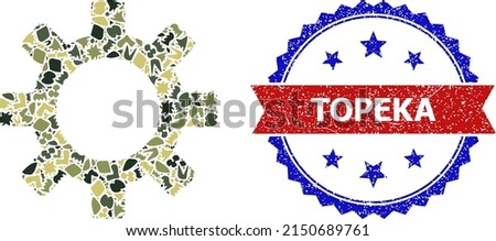 Military camouflage collage of gearwheel icon, and bicolor textured Topeka watermark. Vector watermark with Topeka text inside red ribbon and blue rosette, distress bicolored style.