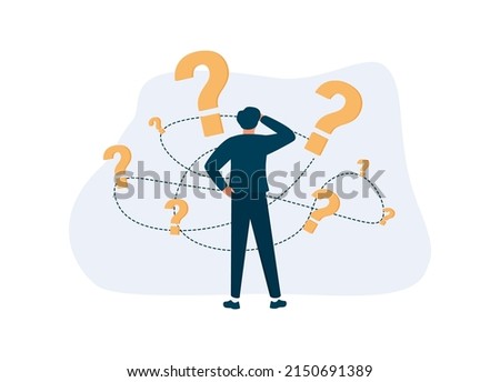 Pensive man standing and making business decision isolated flat vector illustration. Cartoon businessman choosing work strategy for success. Questions dilemma and options confusion concept Royalty-Free Stock Photo #2150691389