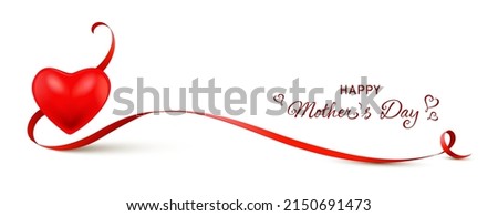 Red heart with elegant curled ribbon and calligraphy - happy mother's day