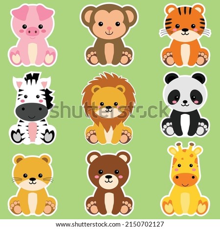 Cute wild animals set including lion, tiger, pig, bear, lioness, panda, monkey, zebra, and giraffe. Safari jungle animals vector. Woodland animal illustration