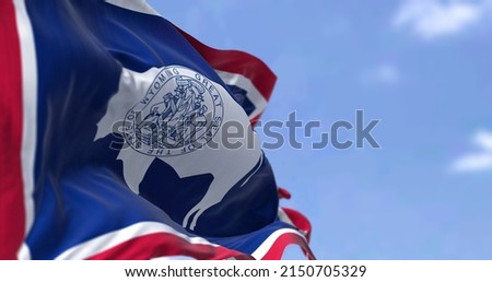The US state flag of Wyoming waving in the wind. Wyoming is a state in the Mountain West subregion of the Western United States. Democracy and independence.