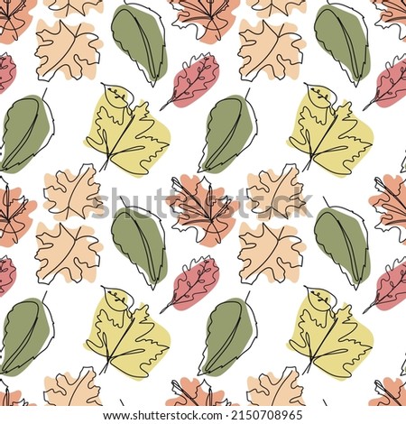 One line continuous of abstract autumn leaves seamless pattern. Simple art vector illustration for packaging, wallpaper, wrapingpaper, fashion desine. Single line drawing art.   