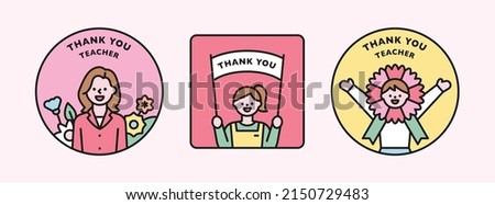 Happy teacher with children saying thank you on Teacher's Day. Cute characters in a round frame. flat design style vector illustration.