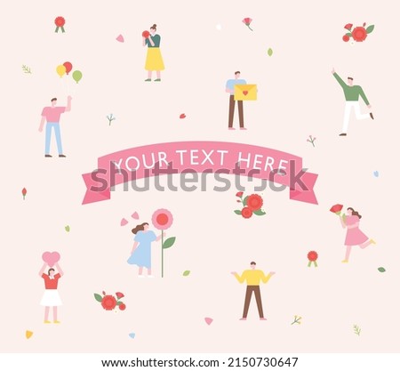 Many people are holding flowers and are happy. Small simple icon pattern style vector illustration.