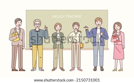 Several teachers stand in front of the blackboard and teach. flat design style vector illustration.