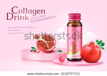 3d pink monotone supplement product ad template. Collagen drink bottle mock-up and fresh pomegranate fruit displayed on glass podiums. Royalty-Free Stock Photo #2150737111