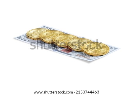 Bitcoin cryptocurrency coins and money are isolated over white background. Cryptocurrency concept