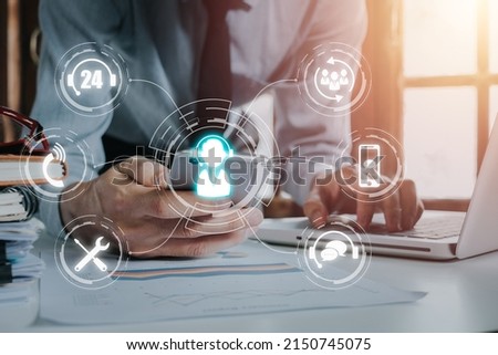 Technical support customer service concept, Person hand using smart phone with VR screen support customer icon, Technology internet concept, it support, call center and customer service help..	