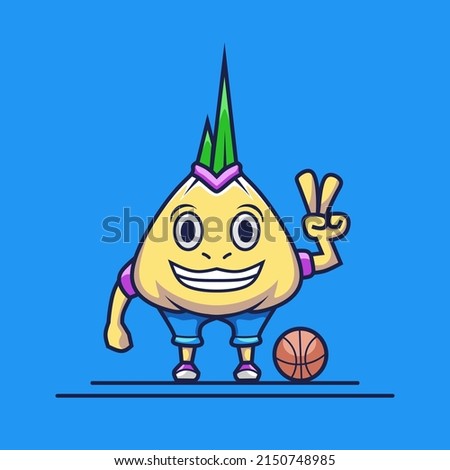 Cute garlic and basketball cartoon character logo. Abstract vector illustration. Isolated black background for t-shirt, poster, clothing.