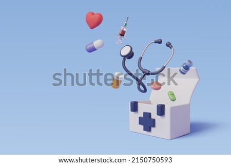 Medical equipment 3d cartoon style, Vaccine, stethoscope, capsule, pills and medicine box, Healthcare and medical Concept. Royalty-Free Stock Photo #2150750593