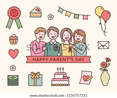 Family celebrating parents day. Thank you gift icons collection. flat design style vector illustration.