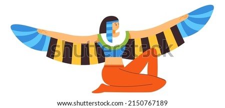 Ancient Egyptian goddess of fertility and motherhood, magic and rebirth. Female character with stretched out wings with colorful feathers and plumage. Religion and beliefs. Vector in flat style
