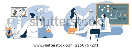 Team of scientists conducting experiments and discovering new in field of chemistry and biology. People working on projects, researchers in laboratories writing info on board. Vector in flat style Royalty-Free Stock Photo #2150767201
