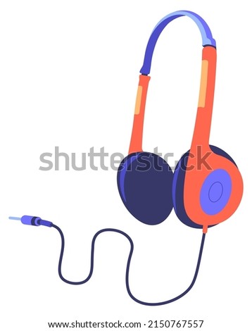 Headphones with massive design and cord, isolated device or accessories for gamers. Headset for entertainment and fun, electronic modern technologies and gadgets for work. Vector in flat style