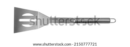 Grilling spatula isolated. BBQ metal equipment, steel barbecue utensils, stainless spatula on white background top view Royalty-Free Stock Photo #2150777721
