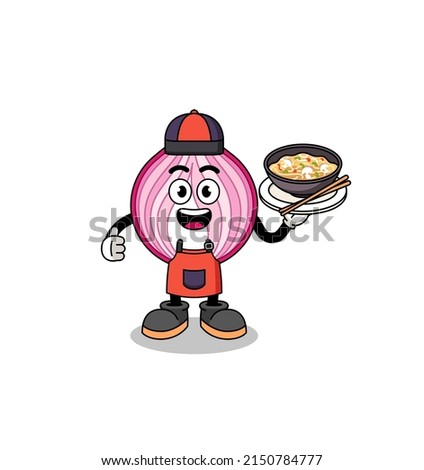 Illustration of sliced onion as an asian chef , character design