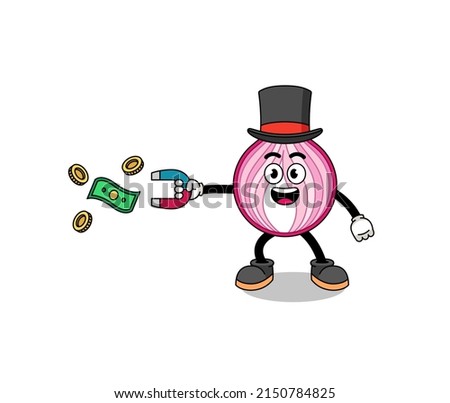 Character Illustration of sliced onion catching money with a magnet , character design