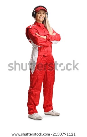 Female race team member in a red suit posing isolated on white background Royalty-Free Stock Photo #2150791121