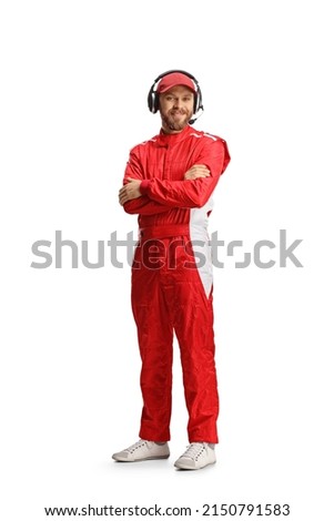 Full length shot of a race team member in a red suit posing isolated on white background Royalty-Free Stock Photo #2150791583