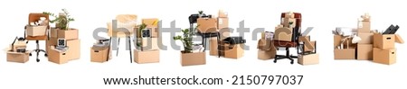 Cardboard boxes with office stuff and furniture on white background