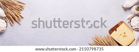 Shavuot flat lay with dairy products and wheat on light gray background, Happy Shavuot web banner. Jewish Shavuot holiday frame with dairy foods and quote happy Shavuot, top view Royalty-Free Stock Photo #2150798735