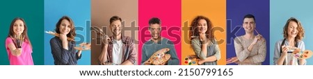 Set of young artists on colorful background Royalty-Free Stock Photo #2150799165