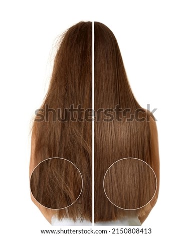 Woman before and after washing hair with moisturizing shampoo on white background, collage Royalty-Free Stock Photo #2150808413