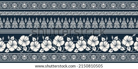 Hibiscus flower border with traditional Asian design elements Royalty-Free Stock Photo #2150810505