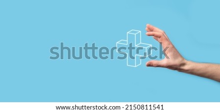 Hand hold 3D plus icon, man hold in hand offer positive thing such as profit, benefits, development, CSR represented by plus sign.The hand shows the plus sign.