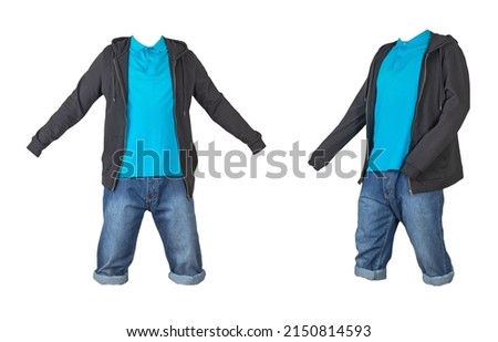 two denim dark blue shorts,blue t-shirt with collar on buttons and black sweatshirt with zipper and hood  isolated on white background