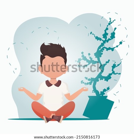 A cute little baby boy sits in the lotus position and does yoga in the room. Healthy life concept. Cartoon style. Vector illustration.