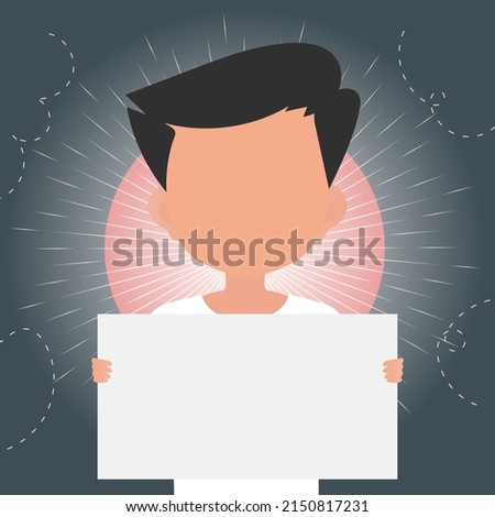 A cute little baby boy is holding a blank tablet in his hands. Place for your logo, text or design. Cartoon style. Vector illustration.