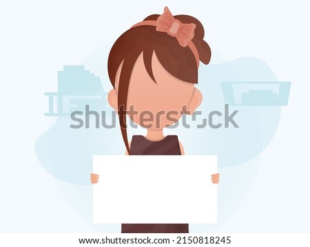 A little girl is holding a blank sheet in her hands. Place for announcement. Flat style. Vector illustration