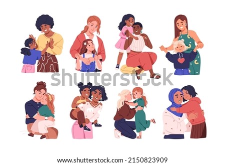 Mothers and daughters set. Happy moms and girls kids hugging, laughing, smiling together. Love, friendship, unity of diverse mums and children. Flat vector illustrations isolated on white background