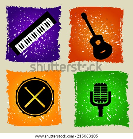 Set of  music icons in flat design on colorful grunge background. Guitar. Drums. Microphone. Keyboard