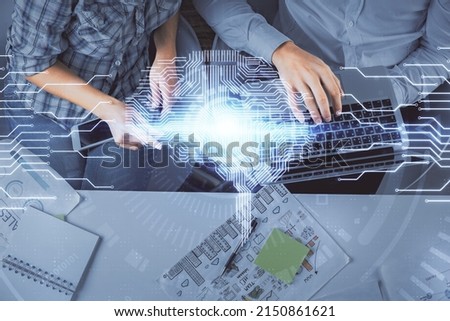 Double exposure of man and woman working together and human brain hologram drawing. Brainstorm concept. Computer background. Top View.