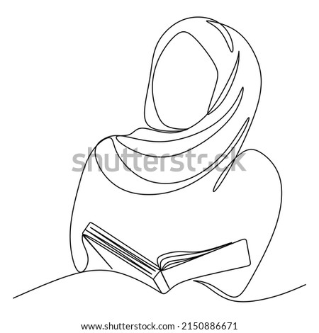 continuous single drawn one line Muslim girl student drawn by hand picture silhouette.Line art. Muslim character is educated