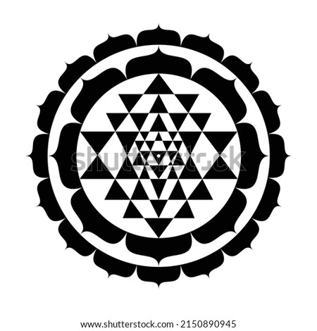 Shri Yantra nice triangles, lotus black mystical diagram the “queen of yantras”, isolated on white background. Sri Yantra forms a unity between the divine masculine and divine feminine. Royalty-Free Stock Photo #2150890945